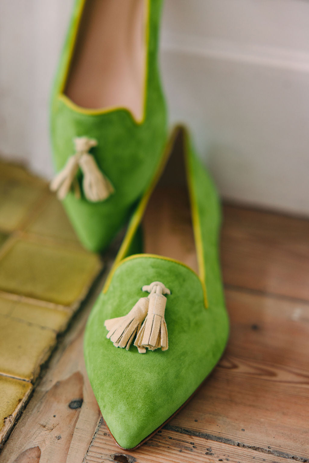 Pointy Tassel Loafer Lizard-Citrus-Lime (short tassel)
