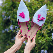 Sky-Hot Pink Tassel Mules