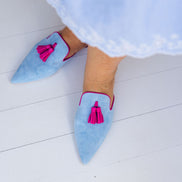 Sky-Hot Pink Tassel Mules