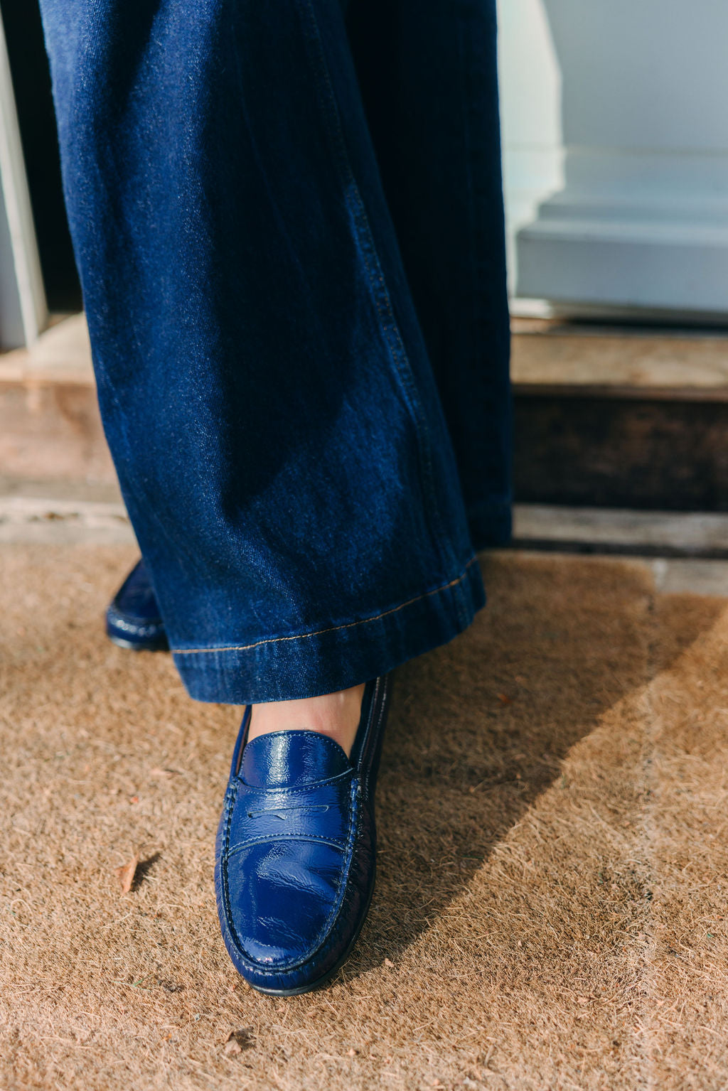 Patent Moccasin Blu Shearling Lined