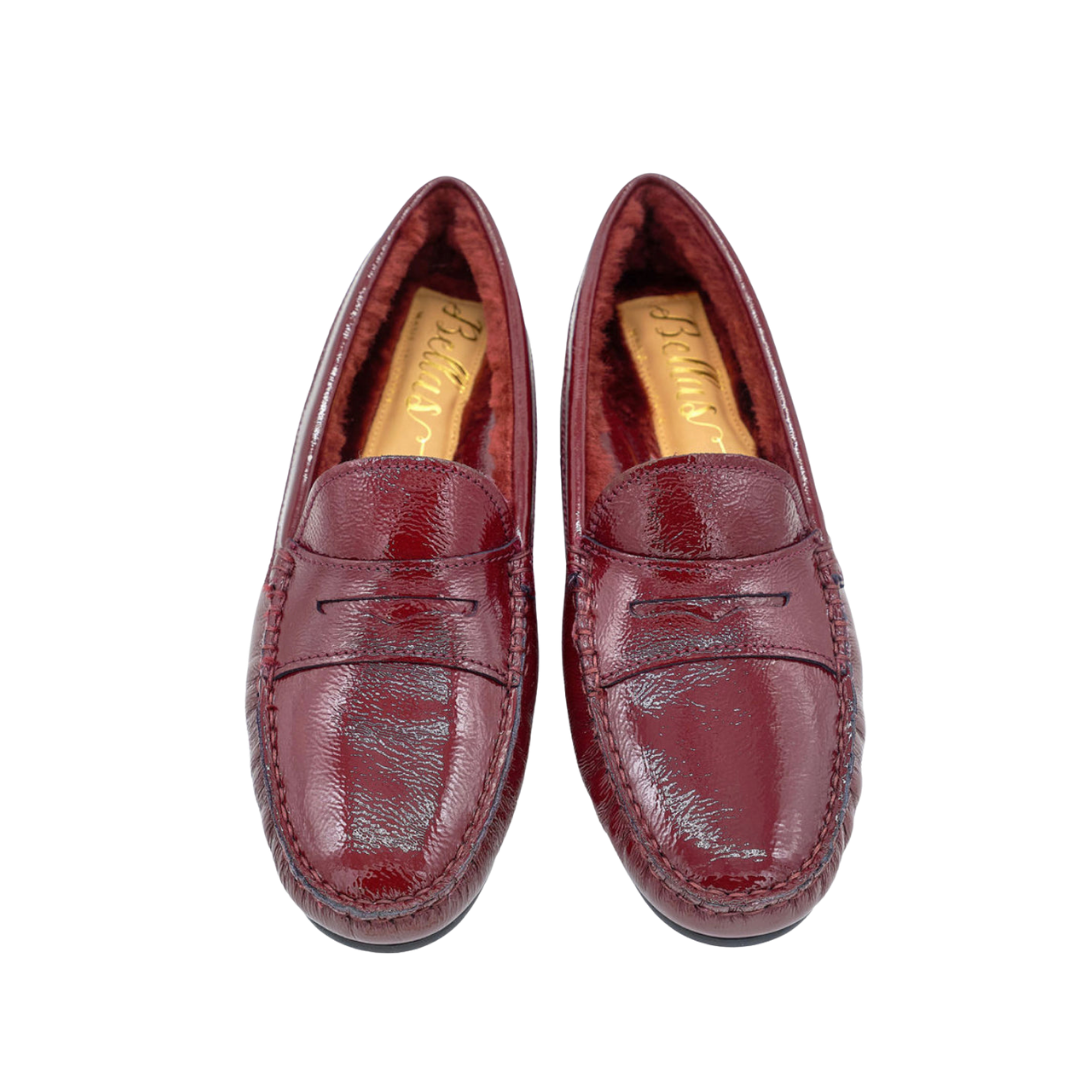 Patent Moccasin Bordo Shearling Lined