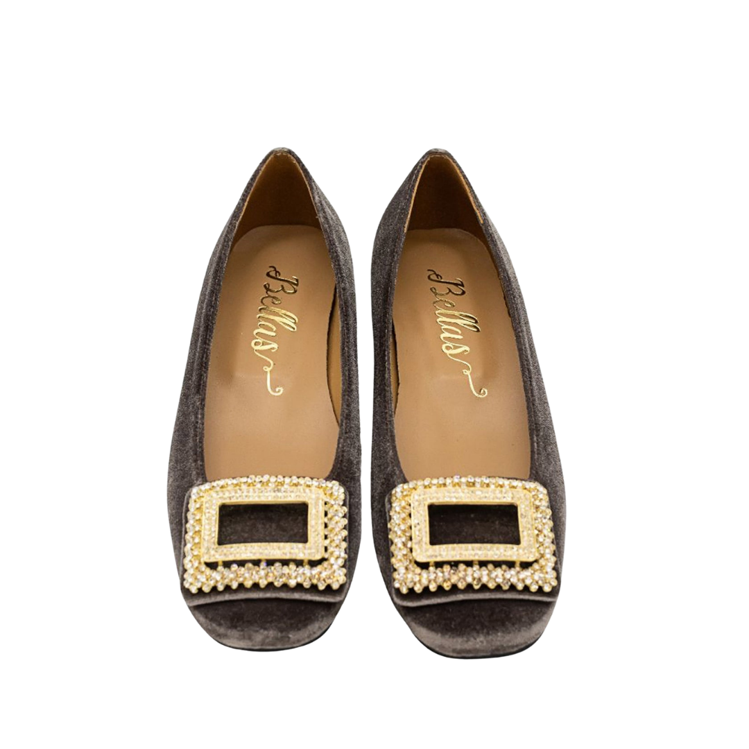 Velvet Ballerina with Crystal Buckle Grey
