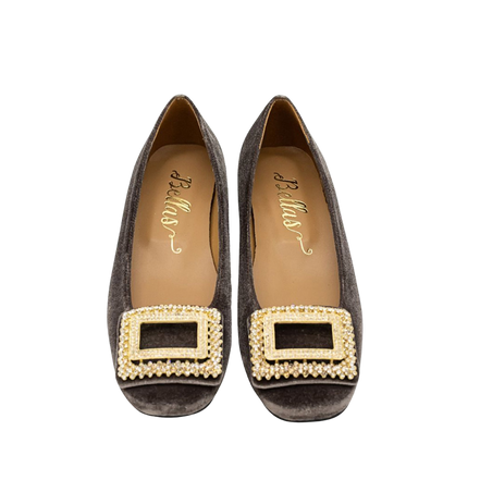 Velvet Ballerina with Crystal Buckle Grey