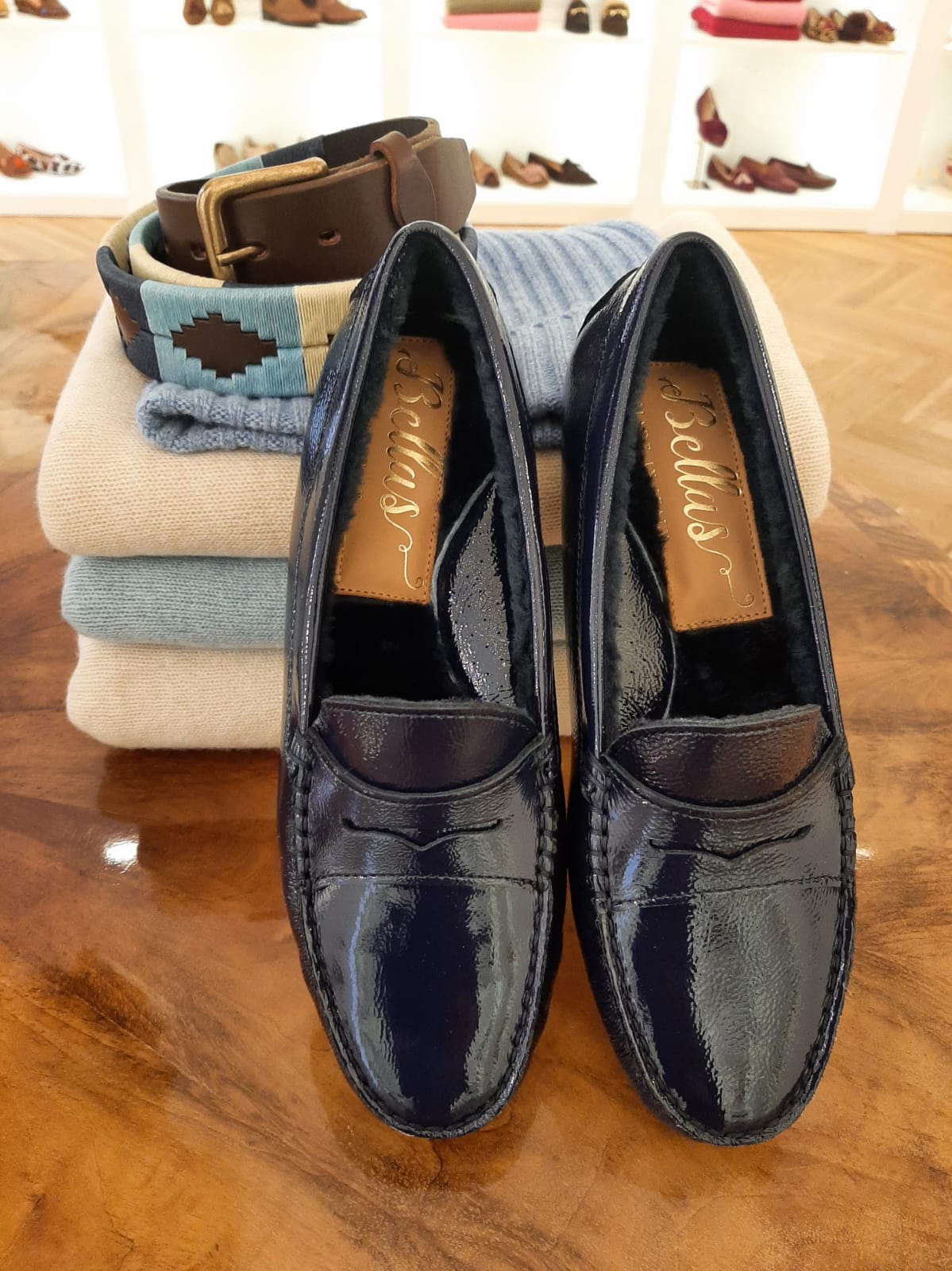 Patent Moccasin Blu Shearling Lined